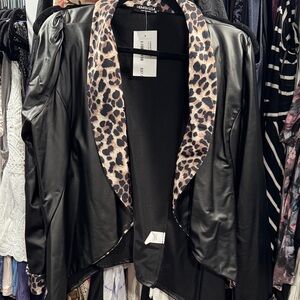 HEIMISH USA Black Leather Jacket with Leopard Print Collar